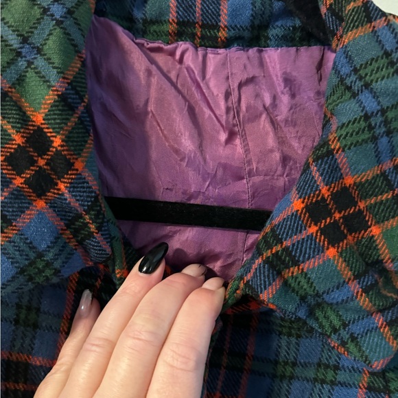 Vintage Wool Tartan Plaid Cape Button Closure Purple Lining Swing Shape S-XL - Picture 6 of 8